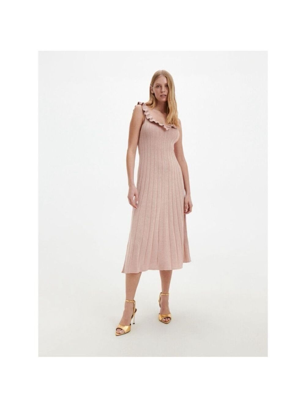 Women's Reserved Pink Shimmer Ruffle Knit Midi Dress M